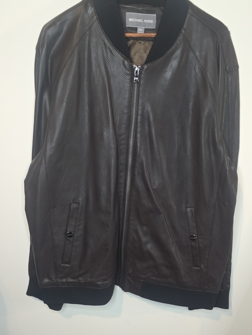 Michael Kors Black Perforated Leather Bomber Jacket with Rib Knit Trim